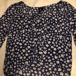 blue flowery button up blouse